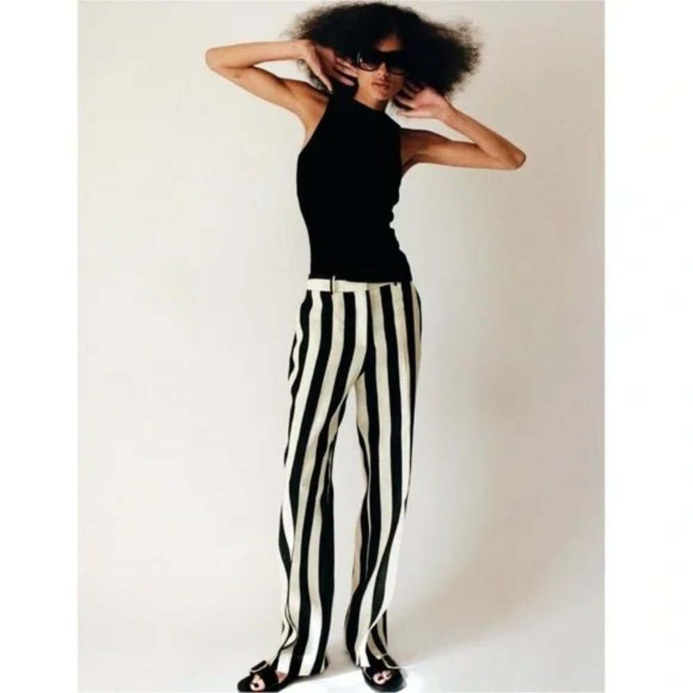 ZARA STRIPED STRAIGHT LEG LINEN PANTS